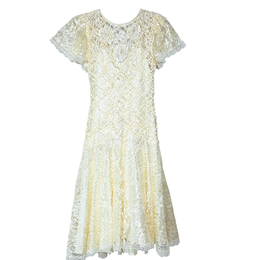 HW Collections Ivory Lace Flutter Sleeve V-Back Midi Dress 5-6 Victorian Vtg 80s